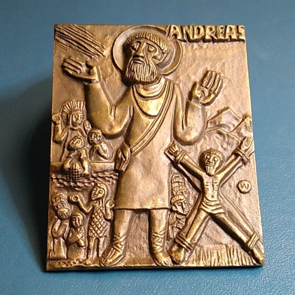 Vintage Bas Relief Tile Saint Andreas (Andrew) Brass Plaque By Egino G Weinert
